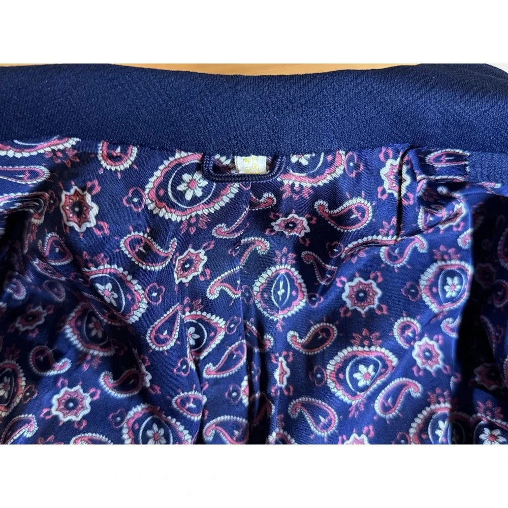 Vintage 70s Men's Polyester Navy Blue 36R Knit Blazer Jacket Textured Old Money